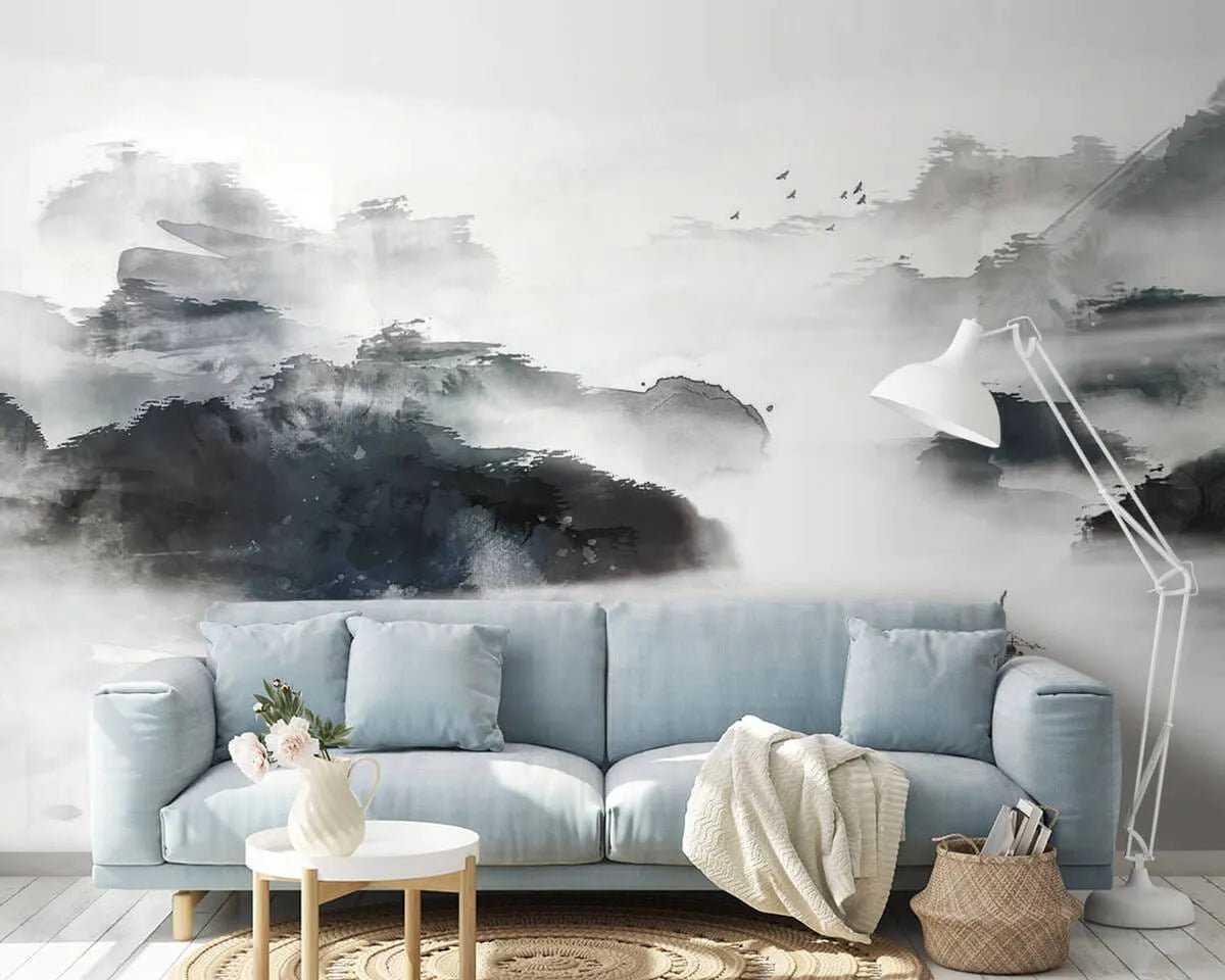 Papier peint panoramique peinture à l'encre océan et rochers - Kam & Leon