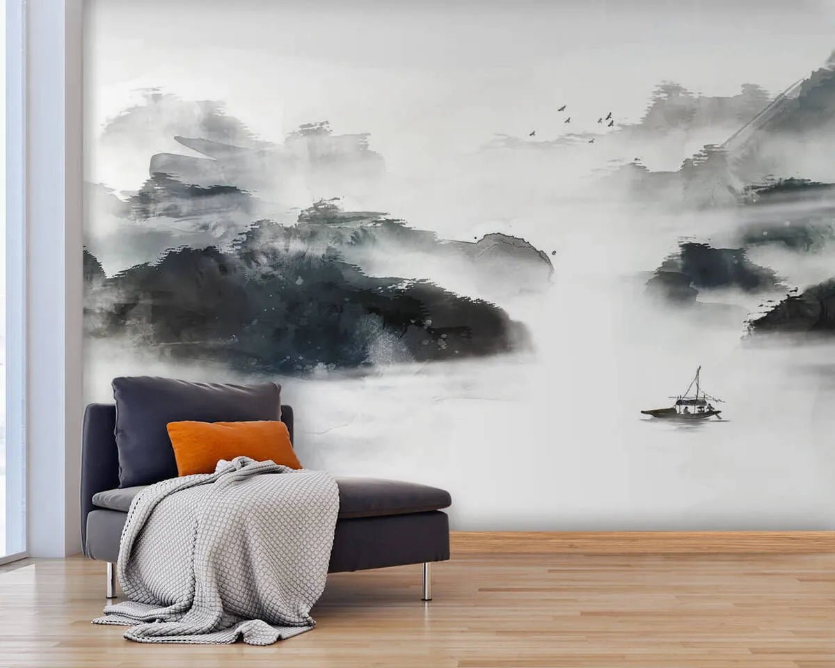 Papier peint panoramique peinture à l'encre océan et rochers - Kam & Leon