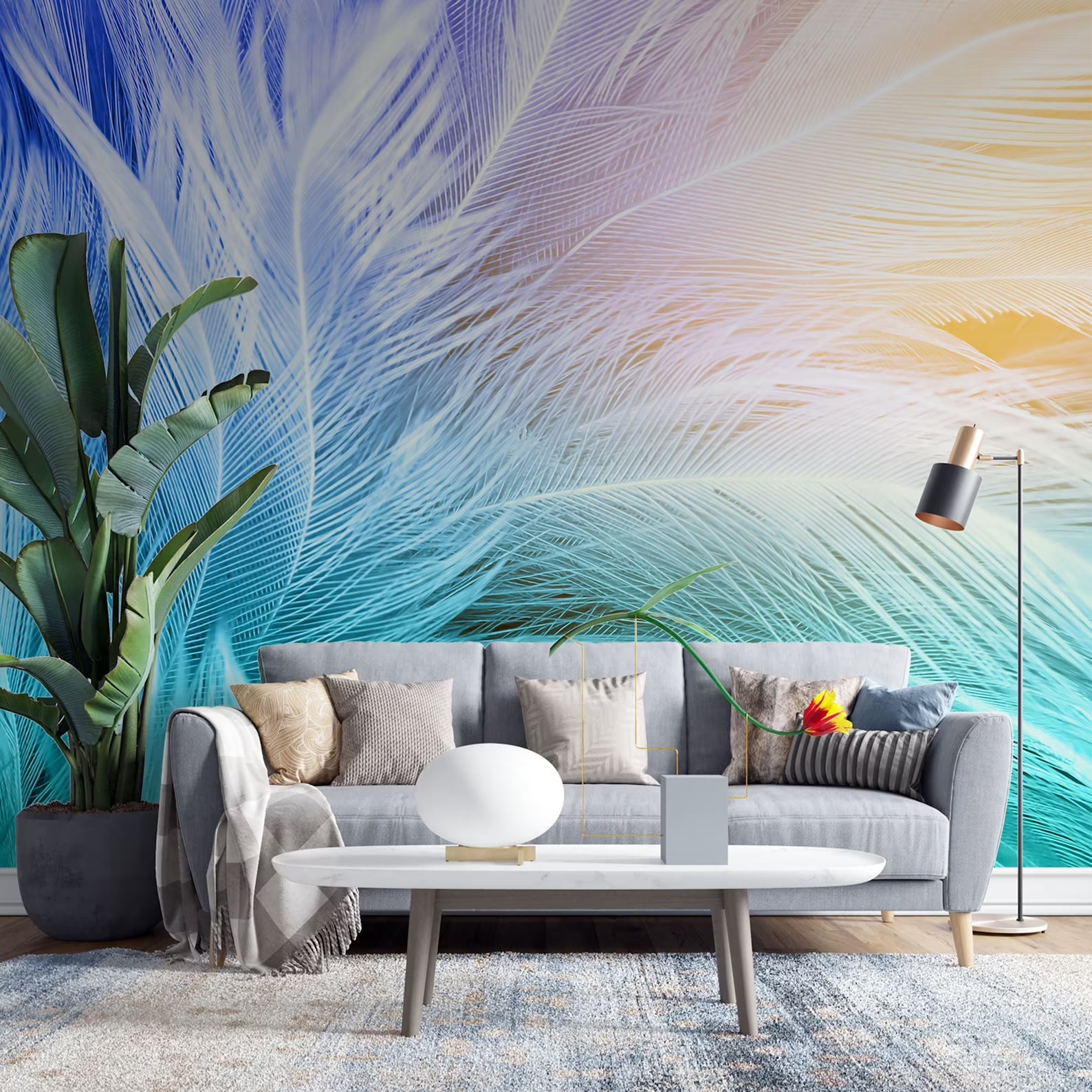 Papier peint panoramique plume multicolore - Kam & Leon
