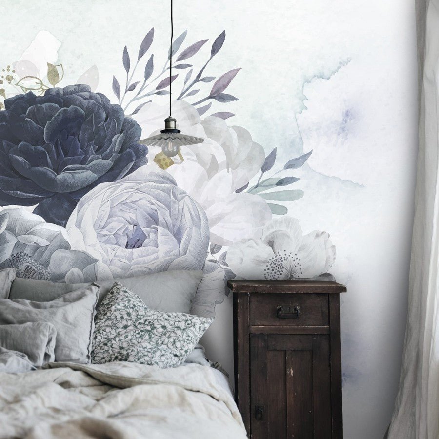 Papier peint panoramique roses bleues & blanches - Kam & Leon