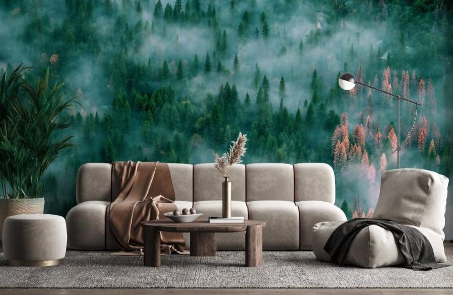 Papier peint panoramique sapinière sous la brume - Kam & Leon