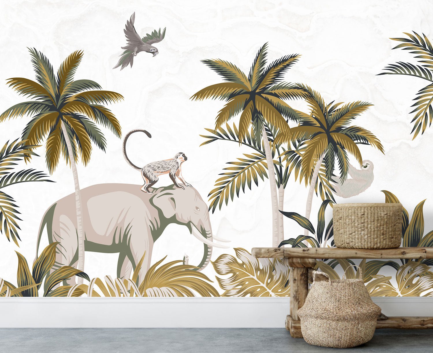 Papier peint panoramique tropical éléphant & singe - Kam & Leon