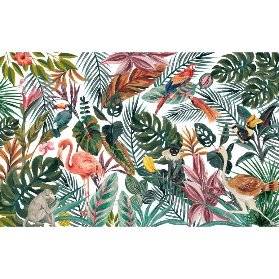 Papier peint panoramique tropical flamant rose et perroquet - Kam & Leon