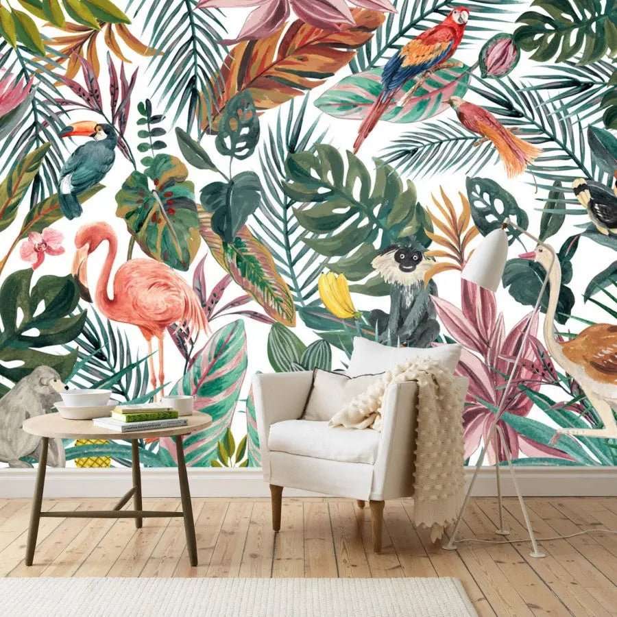 Papier peint panoramique tropical flamant rose et perroquet - Kam & Leon