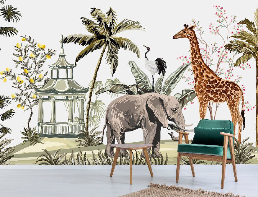Papier peint panoramique tropical girafe et éléphant - Kam & Leon