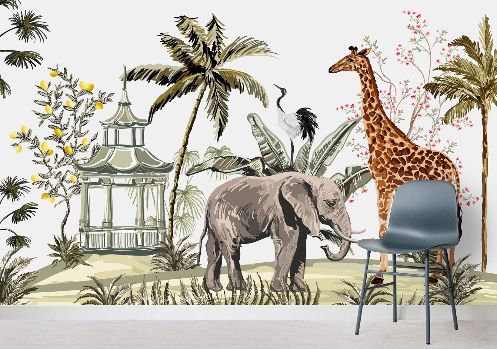 Papier peint panoramique tropical girafe et éléphant - Kam & Leon