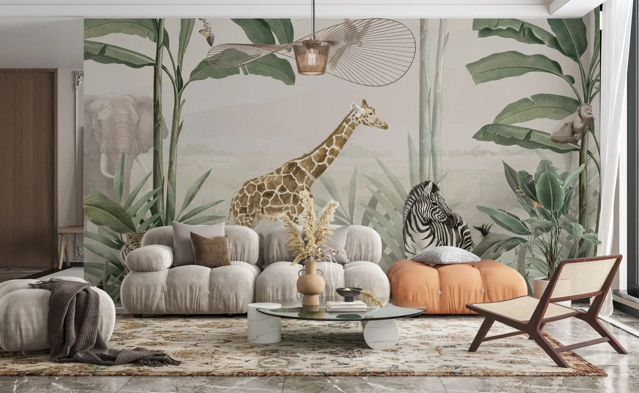 Papier peint panoramique tropical girafe et zèbre - Kam & Leon