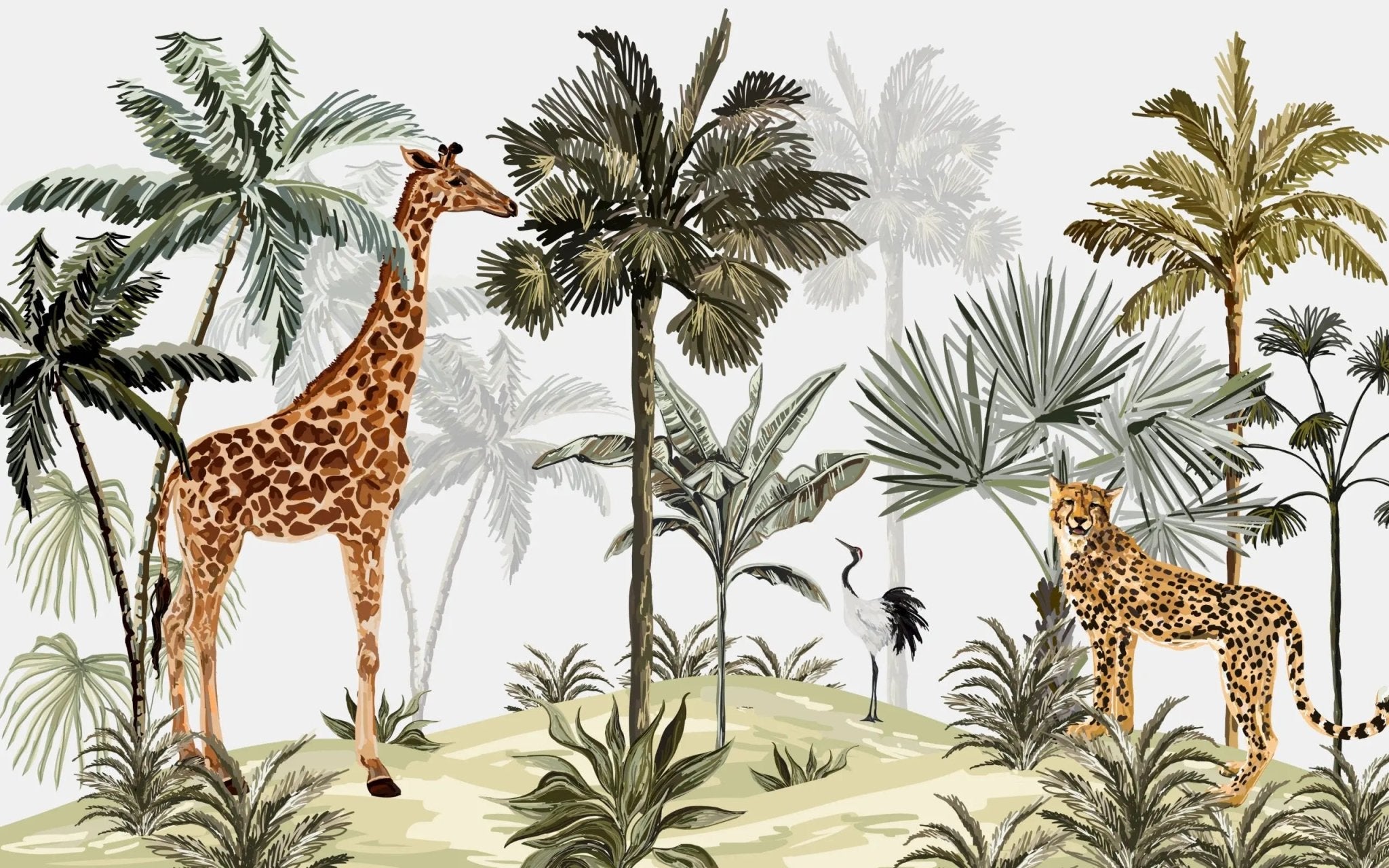 Papier peint panoramique tropical girafe & guépard - Kam & Leon