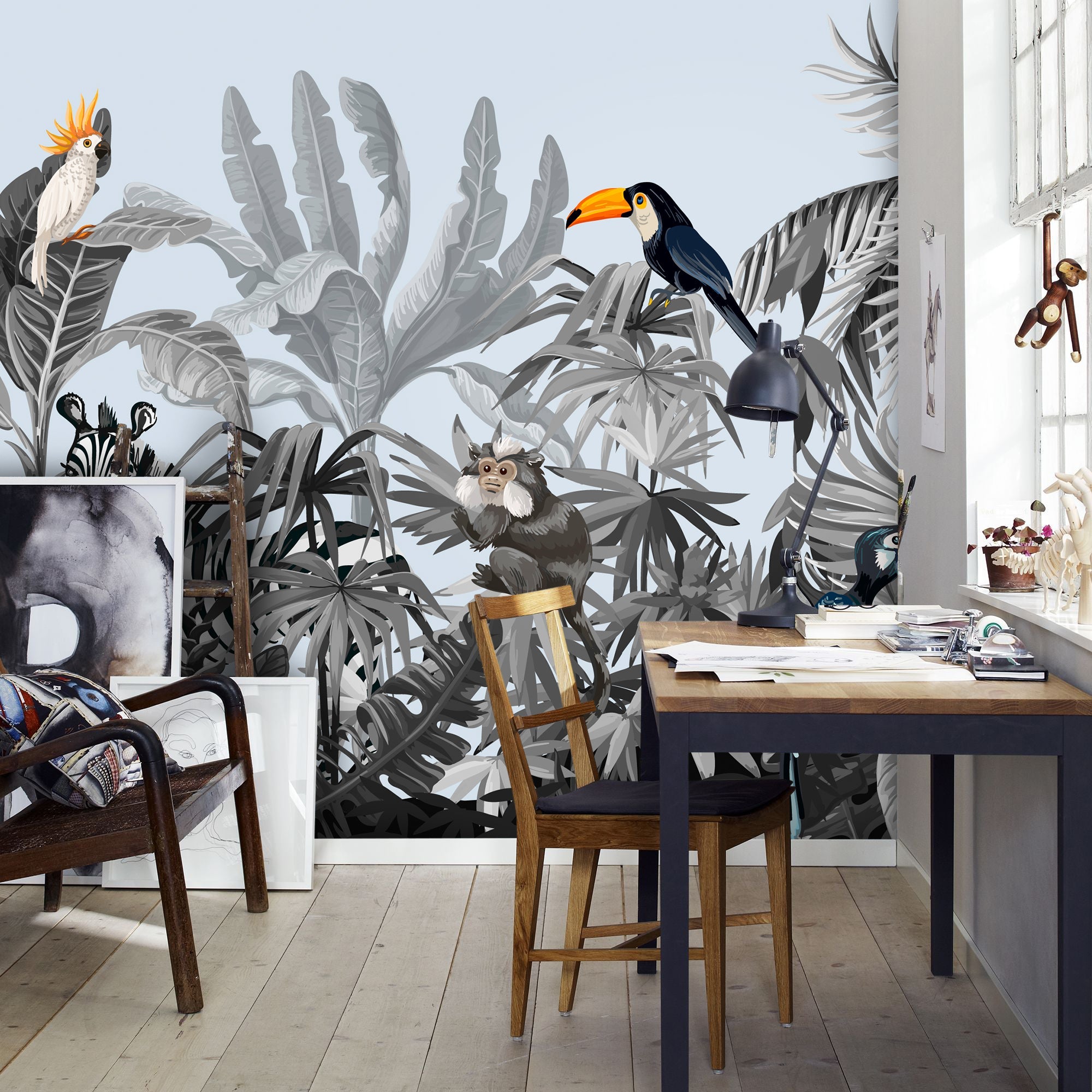 Papier peint panoramique tropical singe et oiseaux - Kam & Leon