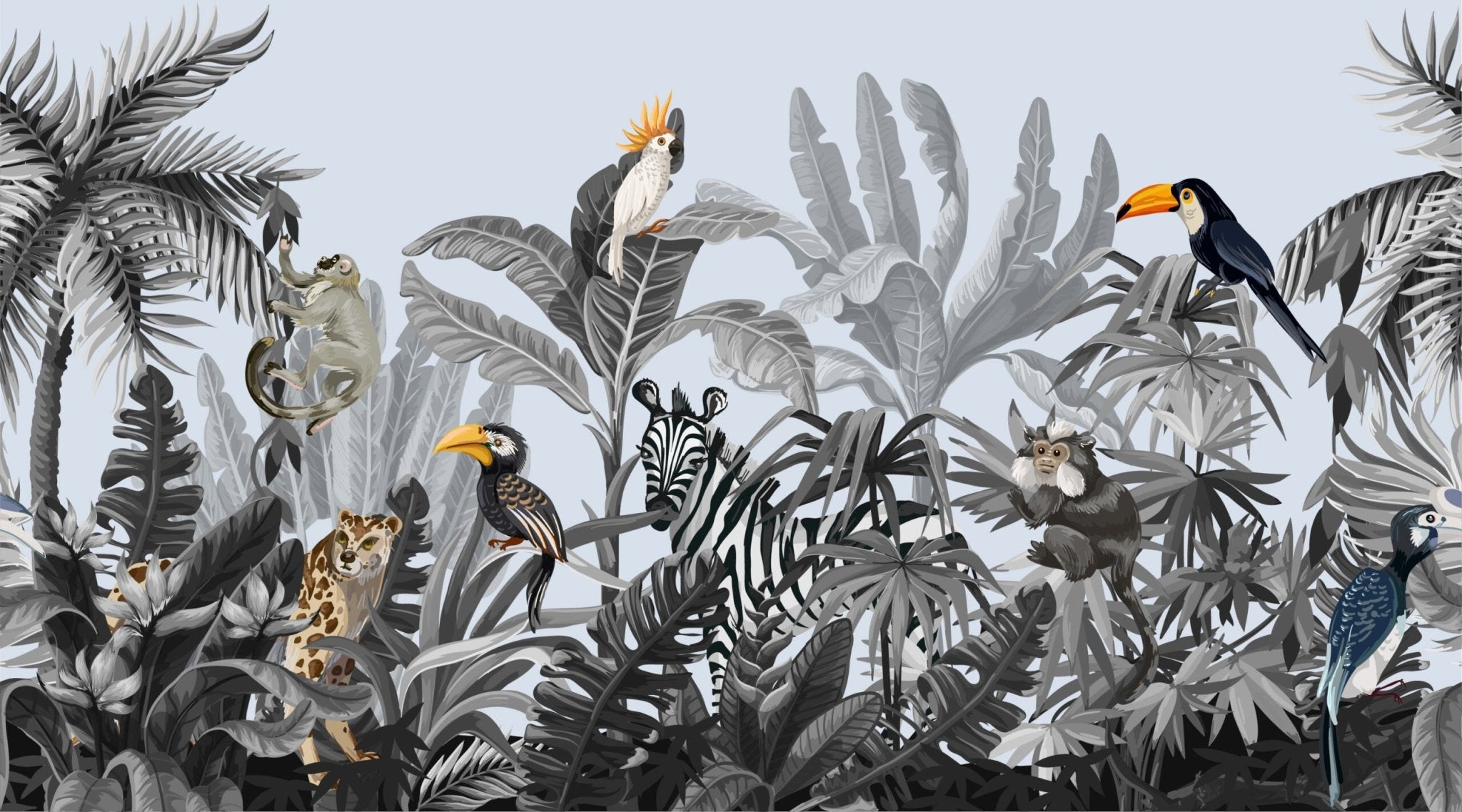 Papier peint panoramique tropical singe et oiseaux - Kam & Leon