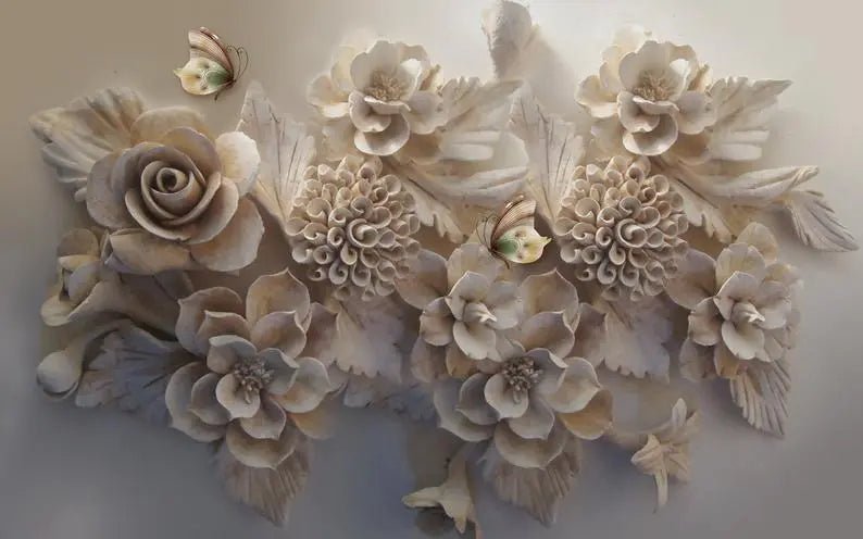 Papier peint trompe-l'œil sculpture florale - Kam & Leon