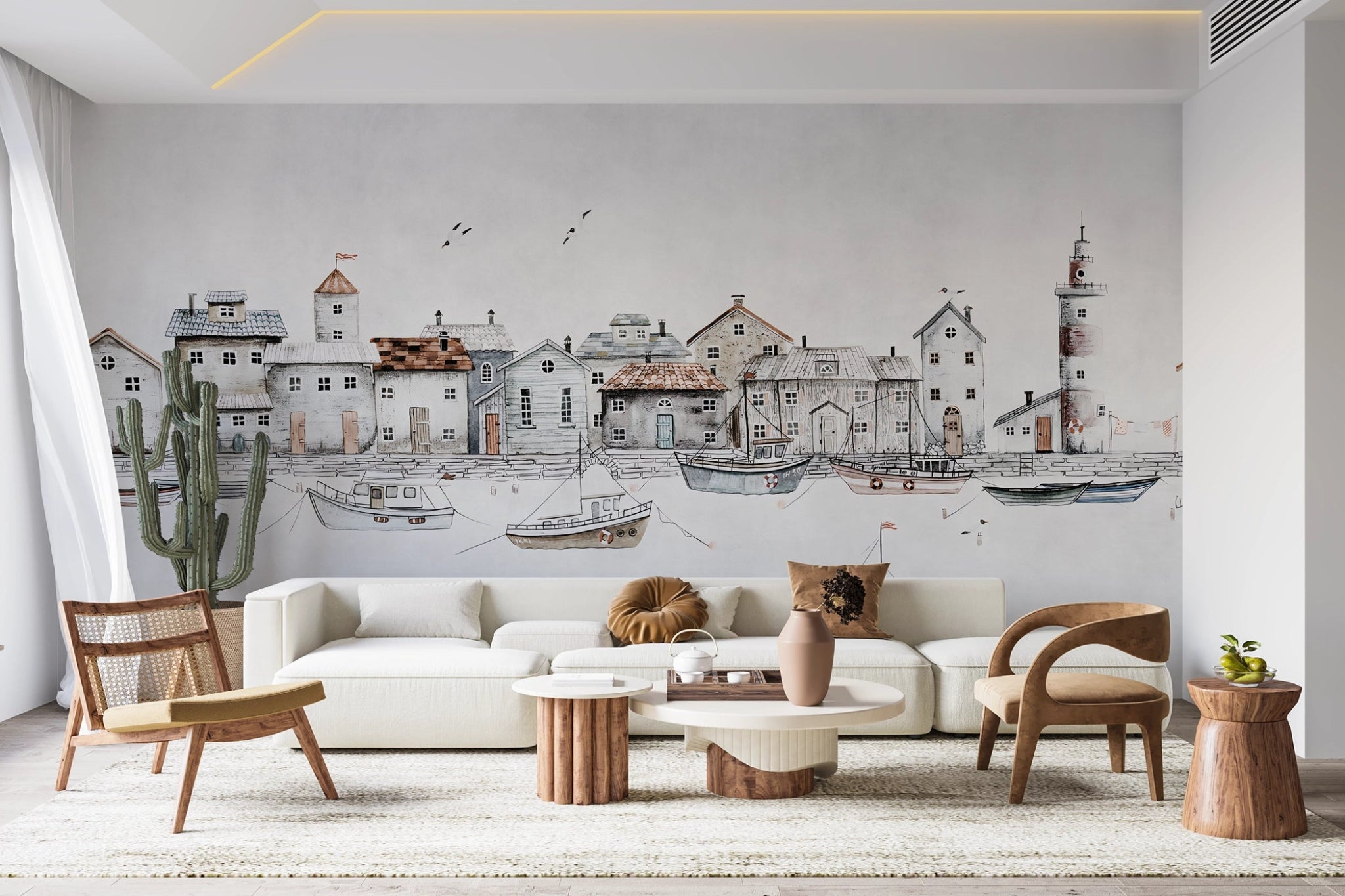 Papier peint Village en bord de mer monochrome - Kam & Leon